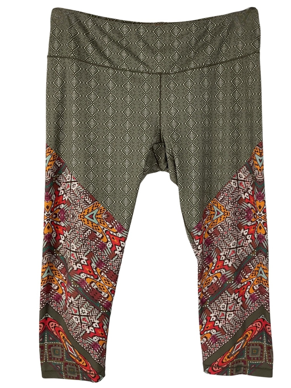 Prana Olive Green Capri Leggings Multicolor Aztec Panels XL Activewear